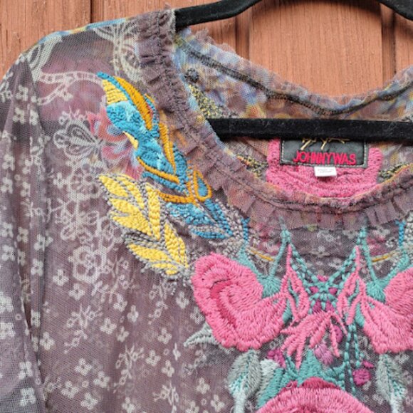 BIYA JOHNNY WAS | Sheer Mesh Floral Embroidered Balloon Sleeve Brown Dress S - Picture 4 of 16